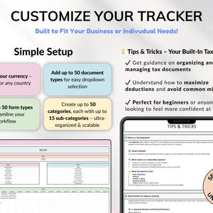 Business tax spreadsheet built for self-employed individuals, freelancers, and small business owners. Track deductions, write-offs, and tax-related transactions in one organized Google Sheets tax tracker. Perfect for annual reporting, 1099 form prep, and staying on top of business accounting and finance management.