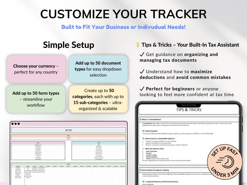 Business tax spreadsheet built for self-employed individuals, freelancers, and small business owners. Track deductions, write-offs, and tax-related transactions in one organized Google Sheets tax tracker. Perfect for annual reporting, 1099 form prep, and staying on top of business accounting and finance management.