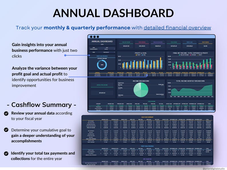 Small Business Bookkeeping Spreadsheet in dark mode designed to track income, expenses, profit, and sales tax in one organized system. Includes bank account tracking, mileage tracker, tax tracker, balance sheet, and monthly, quarterly, annual, and 5-year dashboards. Ideal accounting and financial planner template for small business owners using Excel or Google Sheets.