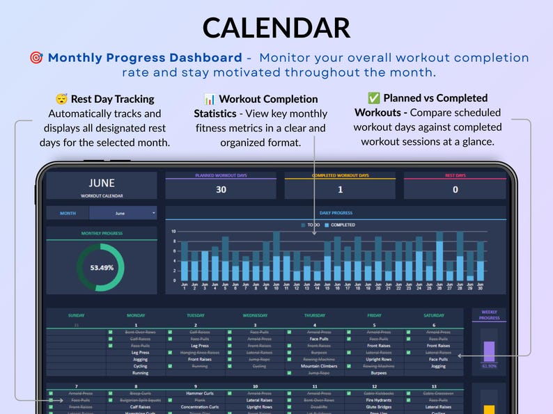 Workout Planner Spreadsheet for Google Sheets & Excel in dark mode featuring a Fitness Tracker, Exercise Log, Gym Planner, Weightlifting Log, Workout Calendar, and Weight Loss Tracker. Track sets, reps, weight, cardio workouts, and training progress with automated dashboards, workout analytics, exercise tracking, monthly calendar views, and yearly fitness reports. Perfect for gym training, Pilates, athletic training, health and wellness, and personal fitness goals.