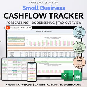 May include: A digital cashflow tracker for small businesses, shown on a laptop, tablet, and smartphone. The screen displays financial data, charts, and graphs. The image includes the text "Cashflow Tracker", "Forecasting", "Bookkeeping", and "Tax Overview".