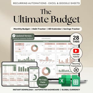 Plantilla definitiva para el presupuesto anual (Excel, Google Sheets), seguimiento mensual del presupuesto, planificador financiero, control de facturas y seguimiento de deudas.