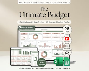 Ultimate Annual Budget Spreadsheet Excel Google Sheets Budget Template Monthly Budget Tracker Financial Planner Bill Tracker Debt Tracker