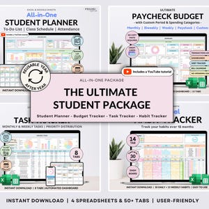 May include: The Ultimate Student Package, an all-in-one digital planner with spreadsheets for students. Includes a student planner, budget tracker, task tracker, and habit tracker. Features include to-do lists, class schedules, and attendance tracking. Includes a YouTube tutorial.
