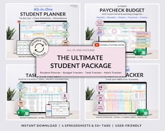 Op de afbeelding: Het ultieme studentenpakket, een alles-in-één digitale planner met spreadsheets voor studenten. Bevat een studentenplanner, budgettracker, taaktracker en gewoonte-tracker. Inclusief een YouTube-tutorial.