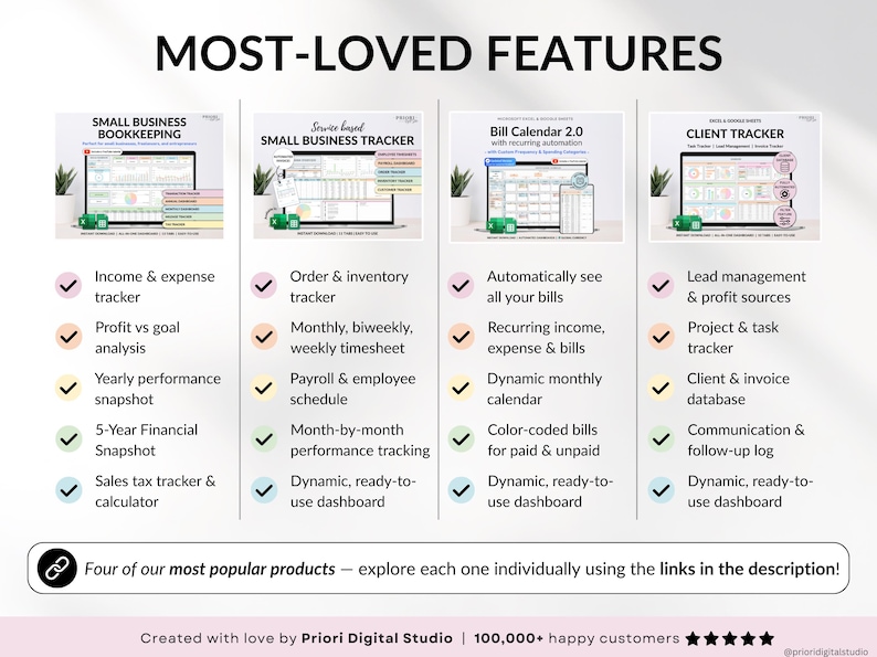 Small business spreadsheet bundle for service business owners available in Excel and Google Sheets. Includes bookkeeping spreadsheet, client tracker, CRM, payroll tracker, invoice tracker, and order tracker to organize finances and customers. Perfect all-in-one toolkit to manage your service business, streamline bookkeeping, and track clients, orders, and payments with ease in one simple system.
