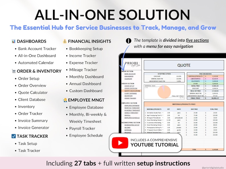 Small Business Spreadsheet Service Business Bookkeeping Tracker for Google Sheets Excel Invoice Tracker Client Tracker Order & Task Tracker