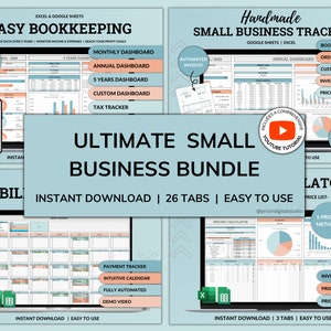 May include: A digital product bundle for small businesses, featuring a blue and pink colour scheme. The bundle includes 26 tabs with features such as bookkeeping, order tracking, inventory tracking, and pricing calculators. The text "Ultimate Small Business Bundle" is displayed in large, bold letters.