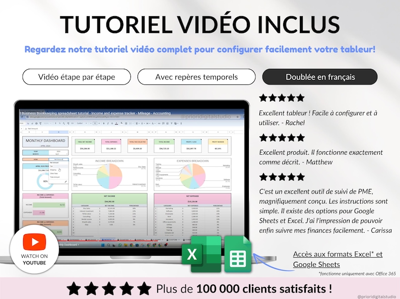 Tableur de comptabilité pour petites entreprises, modèle Excel et Google Sheets pour suivi des revenus, dépenses, profits, taxes et kilométrage. Planificateur financier intelligent, tableau de bord mensuel, trimestriel et annuel, suivi des transactions récurrentes. Idéal pour PME et entrepreneurs, gestion facile et efficace de la comptabilité, suivi des finances, modèle numérique tout-en-un pour petites entreprises et business.
