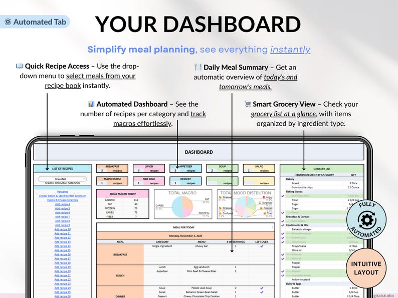 Weekly Meal Planner Spreadsheet for Google Sheets and Excel – organize your family meals, track recipes, plan grocery lists, monitor calories and macros, log hydration and weight, and manage food inventory automatically. Includes 15 tabs for recipes, meal scheduling, printable shopping lists, and weight loss tracking. Perfect for efficient meal planning and healthy eating.