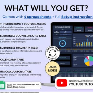 Ultimate Small Business Bundle in dark mode with 4 spreadsheets for Google Sheets and Excel including bookkeeping, inventory tracker, order tracker, pricing calculator, and smart bill calendar. Perfect for small business and handmade sellers to track income, expenses, sales taxes, inventory, customers, product pricing, invoices, profit, and bills in one complete business spreadsheet bundle. Can use for multiple years!