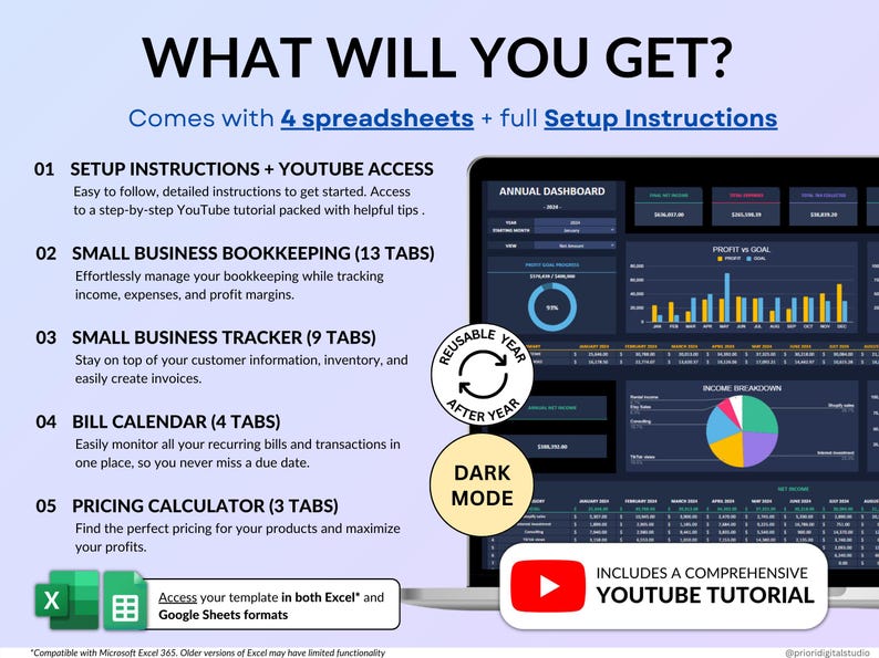 Ultimate Small Business Bundle in dark mode with 4 spreadsheets for Google Sheets and Excel including bookkeeping, inventory tracker, order tracker, pricing calculator, and smart bill calendar. Perfect for small business and handmade sellers to track income, expenses, sales taxes, inventory, customers, product pricing, invoices, profit, and bills in one complete business spreadsheet bundle. Can use for multiple years!