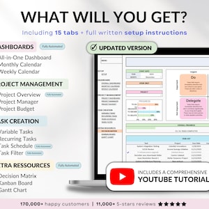 Project Management Spreadsheet for Excel and Google Sheets designed for small businesses, teams, and freelancers. Includes dashboards, recurring tasks, Gantt chart, Kanban board, Eisenhower matrix, task tracker, project timeline, and schedule templates