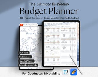 May include: Digital bi-weekly budget planner for iPad and Android. The planner includes over 300 hyperlinked pages, with options for Sun or Mon start. Features include a YouTube tutorial, portrait mode, yearly updates, and instant download.
