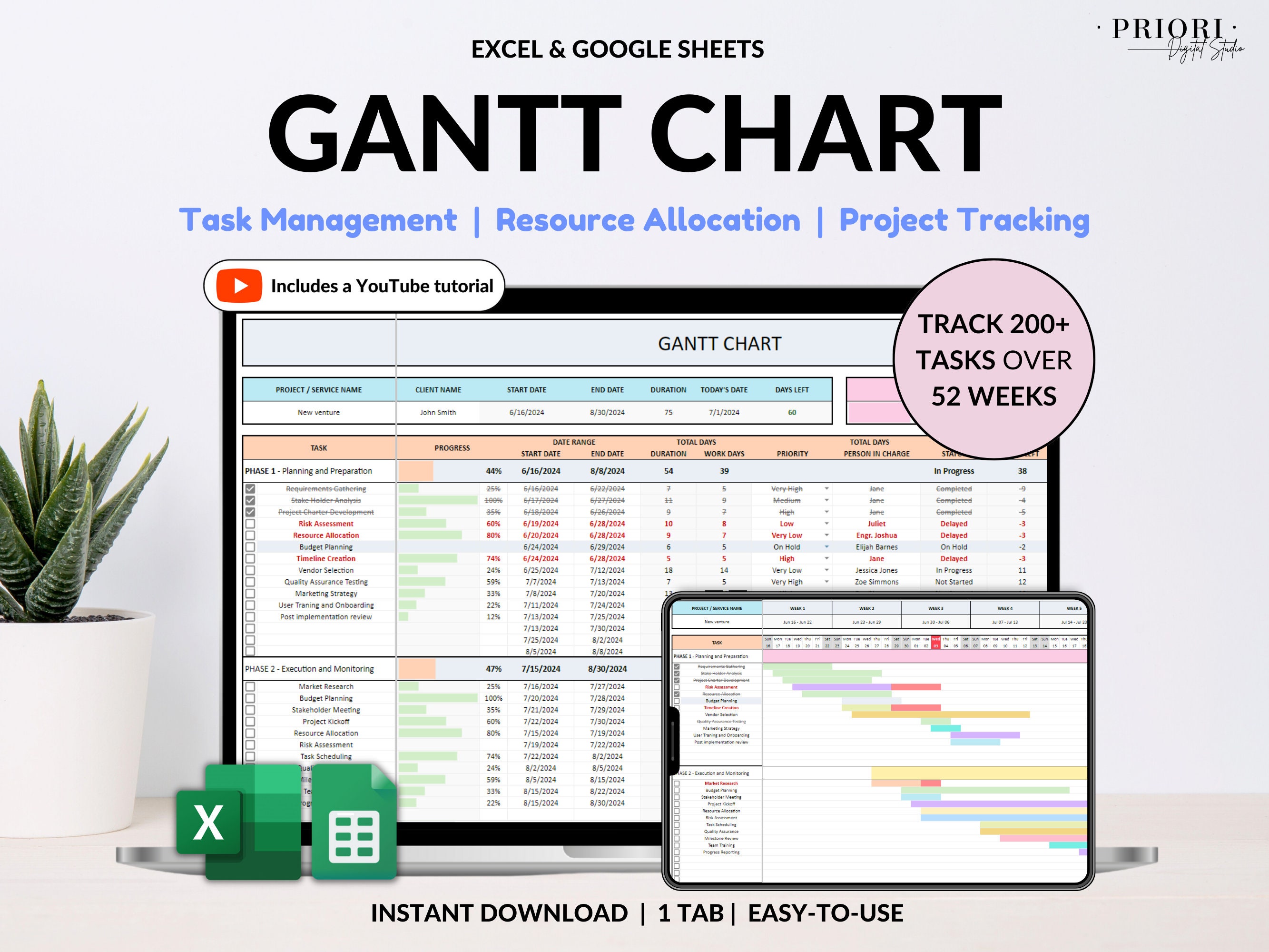 Gantt Chart Small Business Project Planner Google Sheets Excel Task ...