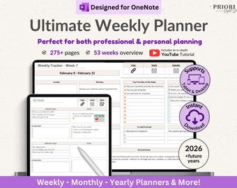 OneNote Template for 2026 Weekly Digital Planner Monthly OneNote Planner Hyperlinked Planner Organization Planner Professional Dated Planner