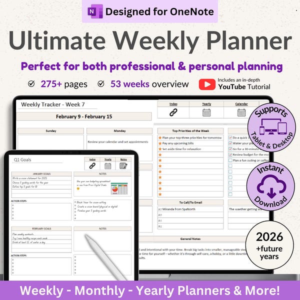 OneNote-sjabloon voor 2026 Wekelijkse digitale planner Maandelijkse OneNote-planner Hyperlinkplanner Organisatieplanner Professionele gedateerde planner