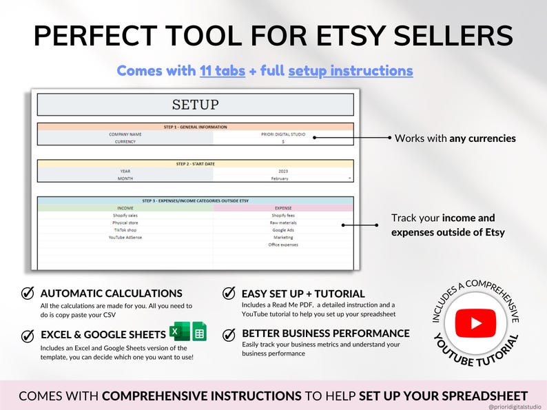 Etsy Seller Bookkeeping Spreadsheet Small Business Planner Income Expense Profit Tracker Google Sheets Excel Accounting Template Tax Tracker
