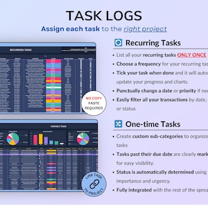 Project Management Spreadsheet for Excel and Google Sheets in dark mode designed for small businesses, teams, and freelancers. Includes dashboards, recurring tasks, Gantt chart, Kanban board, Eisenhower matrix, task tracker, project timeline, and schedule templates