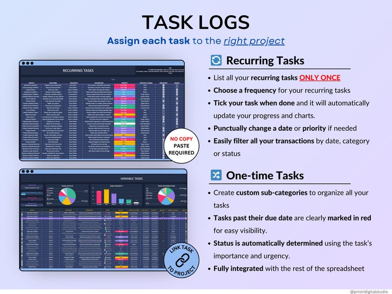 Project Management Spreadsheet for Excel and Google Sheets in dark mode designed for small businesses, teams, and freelancers. Includes dashboards, recurring tasks, Gantt chart, Kanban board, Eisenhower matrix, task tracker, project timeline, and schedule templates