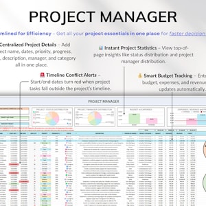 Project Management Spreadsheet for Excel and Google Sheets designed for small businesses, teams, and freelancers. Includes dashboards, recurring tasks, Gantt chart, Kanban board, Eisenhower matrix, task tracker, project timeline, and schedule templates