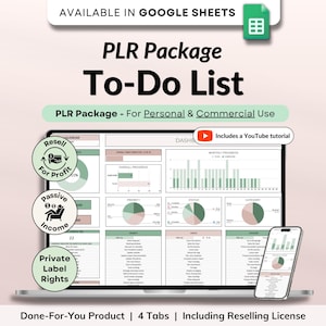 May include: A laptop screen showing a "To-Do List" template, with charts and graphs, and a smartphone displaying a similar interface. The image includes text: "PLR Package - For Personal & Commercial Use" and "Includes a YouTube tutorial."