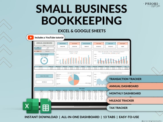 Small Business Bookkeeping Spreadsheet Income Expense Tracker Tax Tracker Accounting Template Mileage Tracker Business Planner Profit & Loss