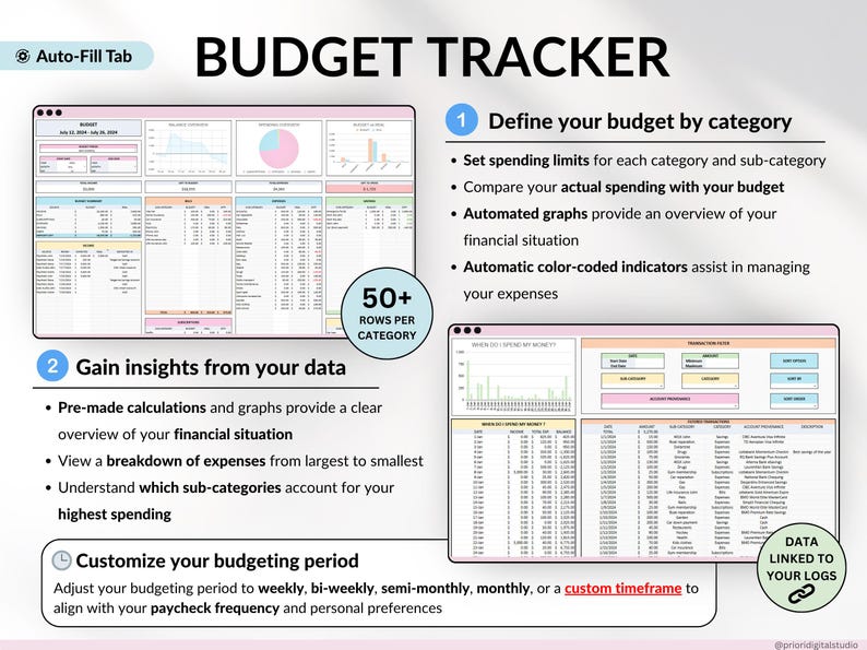 Paycheck Budget Spreadsheet Monthly Budget Weekly Budget Biweekly Debt Tracker Bill Tracker Financial Planner Excel Template Google Sheets
