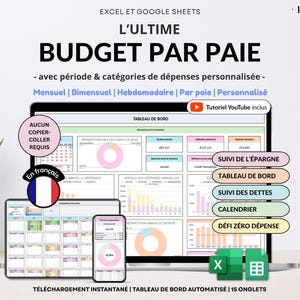 Pode incluir: Uma ferramenta digital de planejamento financeiro exibida em um laptop, tablet e smartphone. A tela mostra gráficos e categorias de orçamento. O texto inclui "Budget Par Paie" e "Download instantâneo".