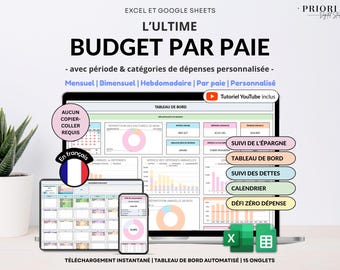 Budget par Paie Excel en Français Tableur Budgétaire Mensuel Google Sheets Suivi des Dettes Budget Bimensuel & Hebdomadaire Suivi de Facture