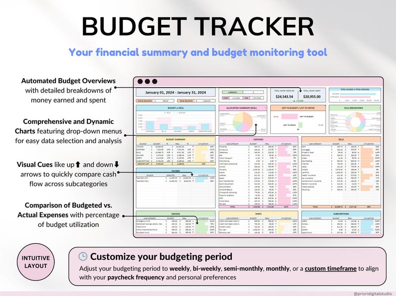 Easy Budget Planner for Google Sheets and Excel — an all-in-one paycheck budgeting spreadsheet designed to help you manage your weekly, biweekly, and monthly finances. Track income, expenses, bills, and savings goals effortlessly. Perfect for personal finance management, money tracking, and improving your financial planning with a clear, customizable budget template
