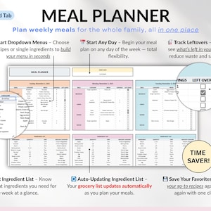 Weekly Meal Planner Spreadsheet for Google Sheets and Excel – organize your family meals, track recipes, plan grocery lists, monitor calories and macros, log hydration and weight, and manage food inventory automatically. Includes 15 tabs for recipes, meal scheduling, printable shopping lists, and weight loss tracking. Perfect for efficient meal planning and healthy eating.