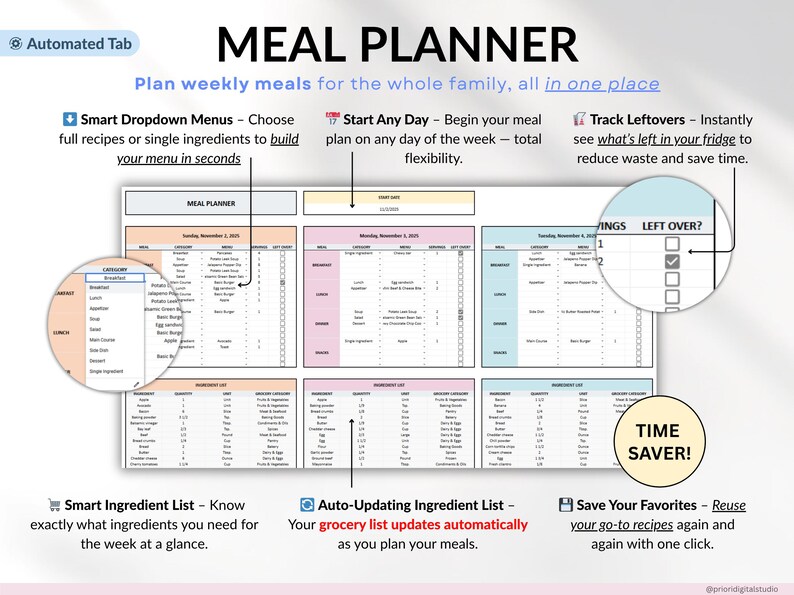 Weekly Meal Planner Spreadsheet for Google Sheets and Excel – organize your family meals, track recipes, plan grocery lists, monitor calories and macros, log hydration and weight, and manage food inventory automatically. Includes 15 tabs for recipes, meal scheduling, printable shopping lists, and weight loss tracking. Perfect for efficient meal planning and healthy eating.