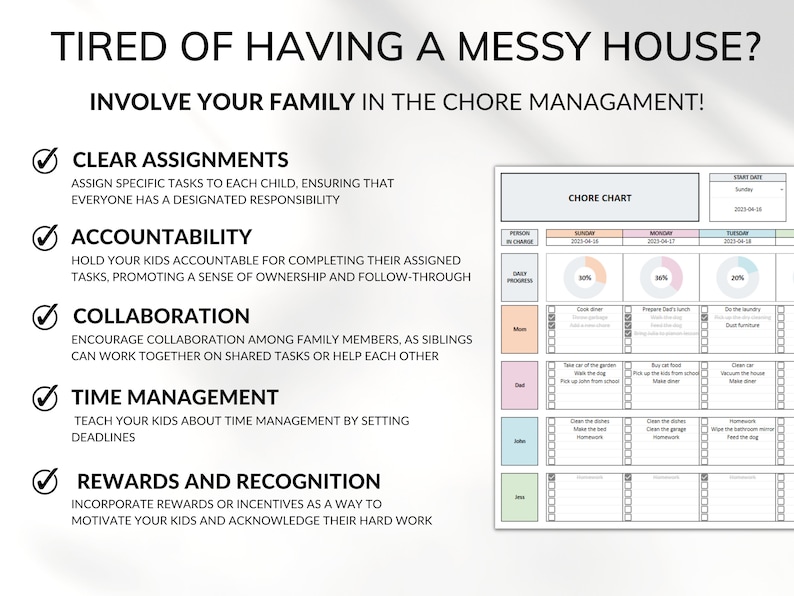Family Chore Chart Google Sheets Excel Template Planner, Family Chore Cart Weekly Calendar, Cleaning Checklist, Daily Chore Chart for Kids