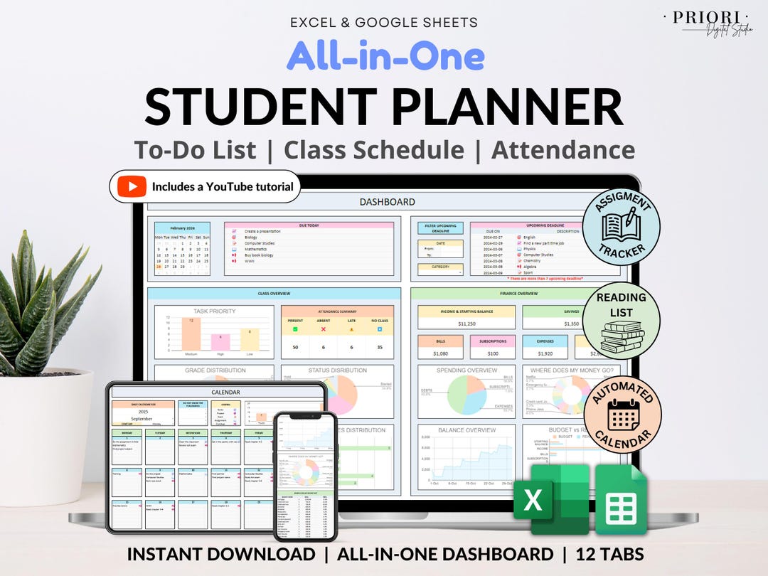 Student Planner Spreadsheet Excel Google Sheets: Assignment Tracker ...
