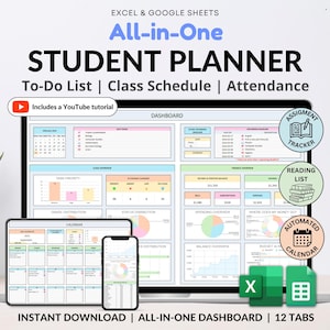 Student Planner Spreadsheet Excel Google Sheets: Assignment Tracker Academic Planner Task Tracker To-Do List Calendar Budget Finance Tracker