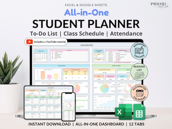 Student Planner Spreadsheet Excel Google Sheets: Assignment Tracker Academic Planner Task Tracker To-Do List Calendar Budget Finance Tracker