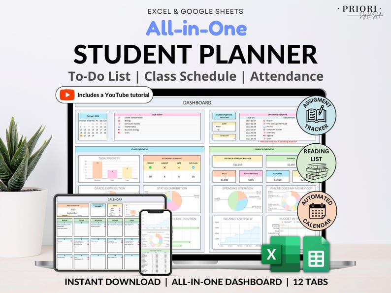 All-in-one student planner for college and school! Track assignments, exams, and deadlines. Includes finance tracker, class schedule, weekly calendar, to-do list, attendance log, reading tracker, contact list, and more. Prioritize tasks, monitor schoolwork, and visualize your schedule. Perfect academic planner for staying organized all semester. Ideal for students and college life!