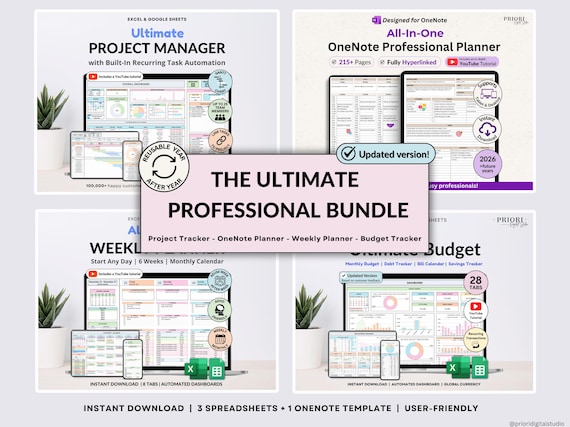 Professional Planner Bundle Project Management Excel Template Task Tracker Google Sheets Work OneNote Planner Weekly Planner Budget Tracker