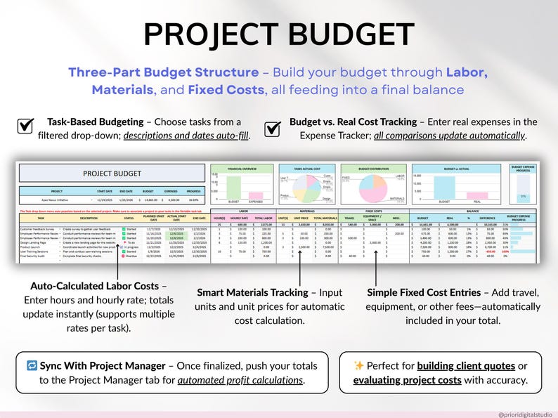 Project Management Spreadsheet for Excel and Google Sheets designed for small businesses, teams, and freelancers. Includes dashboards, recurring tasks, Gantt chart, Kanban board, Eisenhower matrix, task tracker, project timeline, and schedule templates