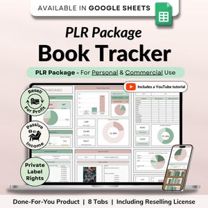 Può includere: Un laptop che mostra una dashboard "Book Tracker" con grafici e dati, insieme a uno smartphone che mostra un'interfaccia simile. Il testo include "PLR Package", "For Personal & Commercial Use" e "Includes a YouTube tutorial".