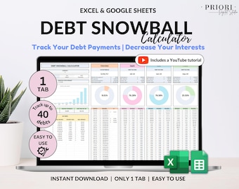 Foglio di calcolo per la valanga del debito Foglio di calcolo Google Excel Tracker per il rimborso del debito Calcolatore per la valanga del debito Rimborso del prestito studentesco Rimborso del debito immobiliare Carte di credito