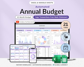 Feuille de calcul budgétaire annuel Excel et Google Sheets Planificateur de budget annuel Budget bihebdomadaire Budget mensuel Suivi des dépenses familiales Suivi des dettes