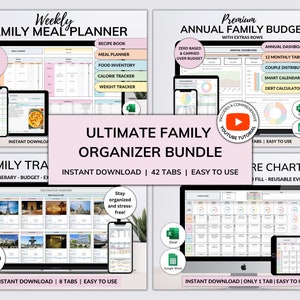 Presupuesto anual familiar Planificador semanal de comidas Presupuesto mensual de viaje Hoja de cálculo de Excel Hojas de cálculo de Google Organización de paquetes Regalo para mamás ocupadas
