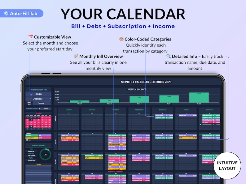 Ultimate Small Business Bundle in dark mode with 4 spreadsheets for Google Sheets and Excel including bookkeeping, inventory tracker, order tracker, pricing calculator, and smart bill calendar. Perfect for small business and handmade sellers to track income, expenses, sales taxes, inventory, customers, product pricing, invoices, profit, and bills in one complete business spreadsheet bundle. Can use for multiple years!