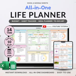 Levensplanner Googles Spreadsheets Planner Digitale organisator Budgettracker Takenlijst Spreadsheetsjabloon 2025 Kalender 2025 Gewoontetracker Excel