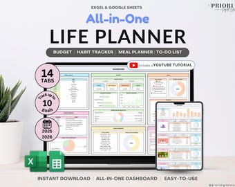 Life Planner Googles Sheets Planer Digital Organizer Budget Tracker To Do-Listenkalkulationsvorlage Kalender 2025 Kalender 2025 Habit Tracker Excel