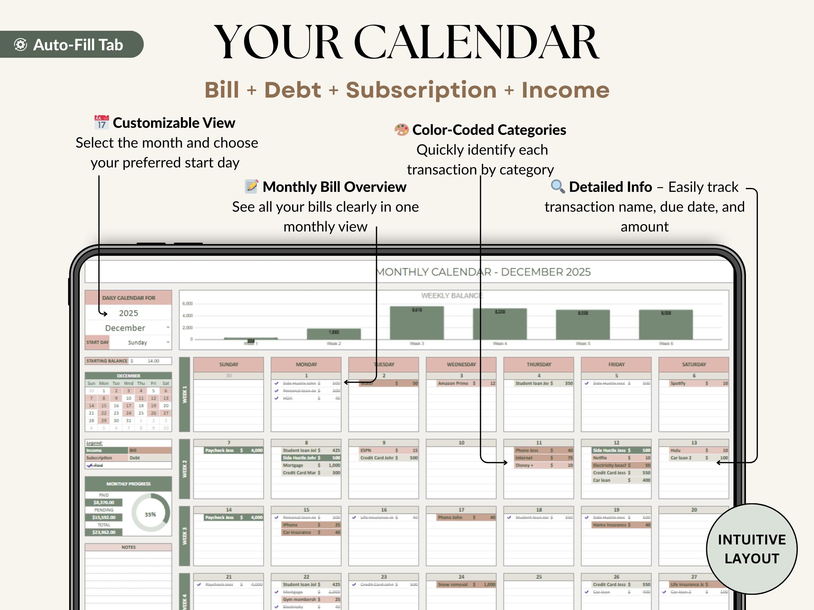 Bill Tracker Spreadsheet Google Sheets Bill Calendar Excel Bill Planner ...