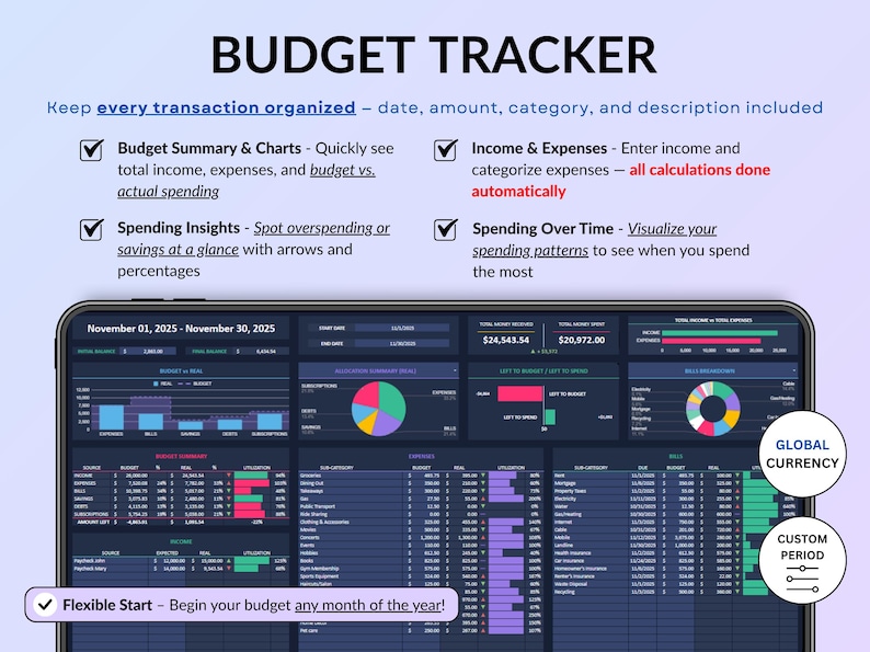 Dark mode ADHD Life Planner designed in Google Sheets and Excel to help you stay organized with an all-in-one digital dashboard. Includes a 2026 calendar, weekly and monthly planners, to-do lists, time blocking, goal tracking, habit tracker, budget and savings trackers, debt tracker, meal planner, grocery list, fitness and hydration trackers. A simple, modern, and easy-to-use spreadsheet template for everyday life management.