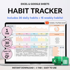 Gewoontetracker Spreadsheet Google Spreadsheets Excel Dagelijkse gewoonteplanner Wekelijkse doelenplanner Digitaal routinedashboard Sjabloon gewoontelijst